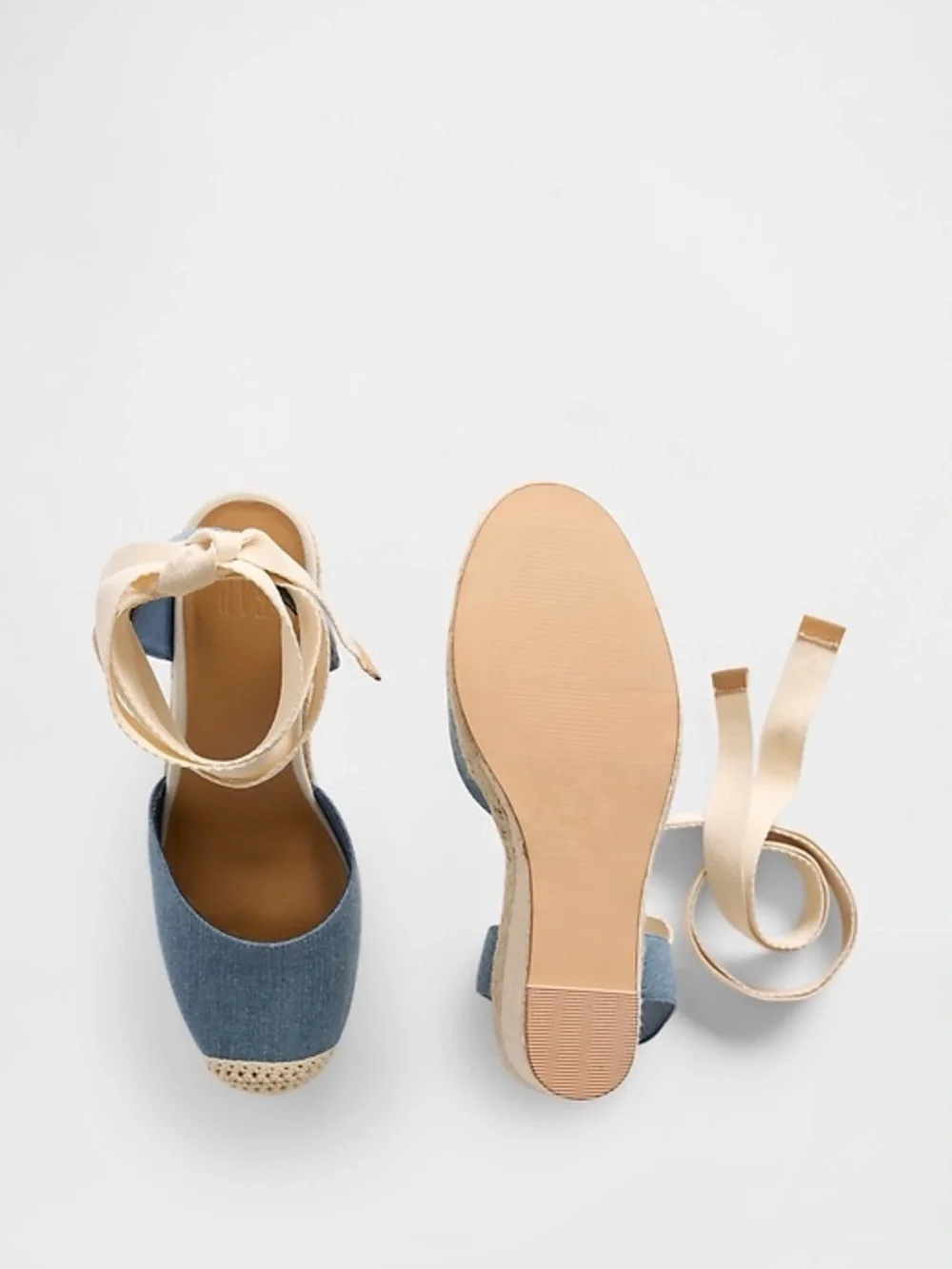 GAP Denim Blue Espadrille Wedge Sandals with Cream Ankle Wrap